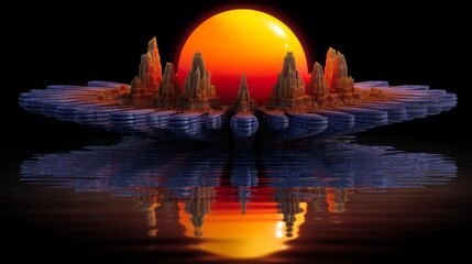 Obraz premium Surreal Landscape with Orange Sun and Reflection