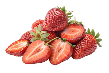 Fresh strawberries stacked together on black background with cut strawberries displayed