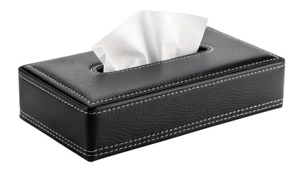 Fototapeta premium Black leather tissue box cover rectangular shape with white tissues coming out