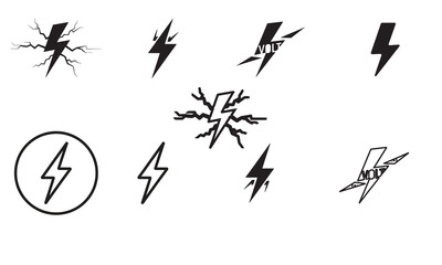 This set of nine black and white lightning bolt icons, featuring various styles and formations, provides a versatile resource for graphic design projects.