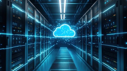 Server racks with a cloud computing graphic