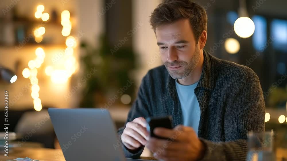 Poster a focused individual efficiently juggling tasks on a laptop and phone in a home setting.