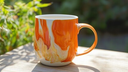 Orange and white marble mug on wooden table outdoors sunny day cup art tea home warm gold decor drink