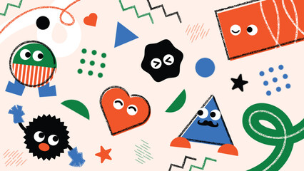 Kids and children background vector. Fun Childish hand drawn doodle design. Playful cartoon design for packaging design, wallpaper and print.