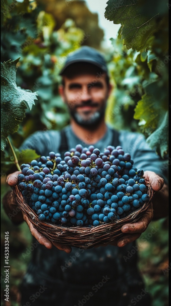 Aufkleber a man stands in a lush vineyard, proudly holding a large basket overflowing with ripe grapes. the su