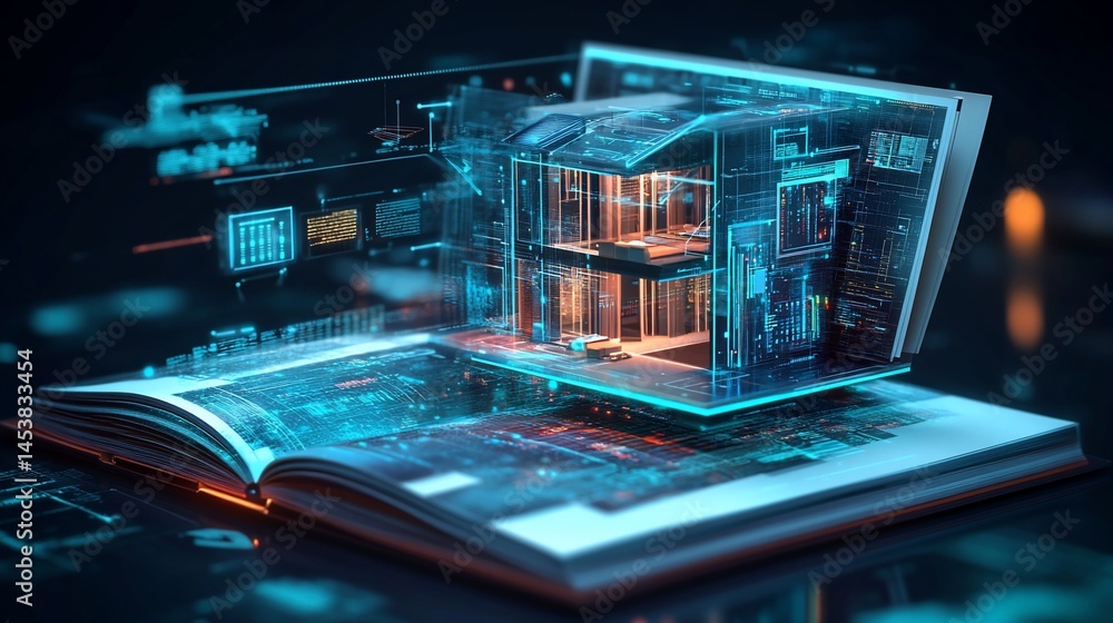 Poster 3d blueprint of a house and it's information shown on an opened book on a dark background