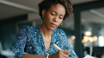 Confident African businesswoman jotting down notes in a sleek, contemporary office setting.