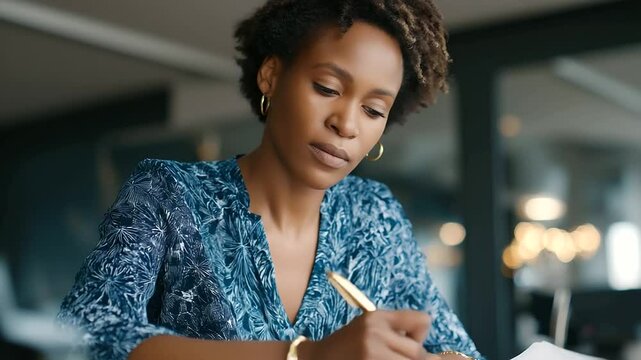 Confident African businesswoman jotting down notes in a sleek, contemporary office setting.
