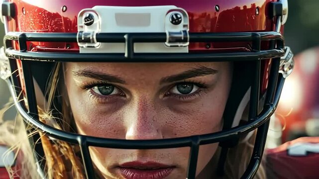 Focused american football female player in a red helmet and uniform, exuding determination on the field. Sports, professional competition, and athletic performance - Powered by Adobe