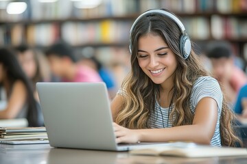 Rear view. Young woman is working on laptop with inscription on screen e-learning and image of square academic cap.. Beautiful simple AI generated image