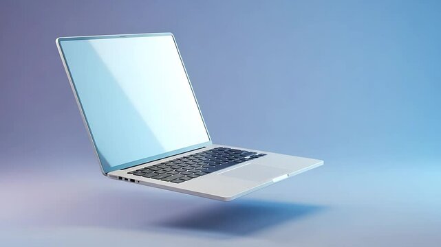 A sleek laptop floating against a soft gradient background, symbolizing innovation and technology