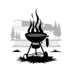 Silhouette of a barbecue grill with flames, set against a suburban backdrop