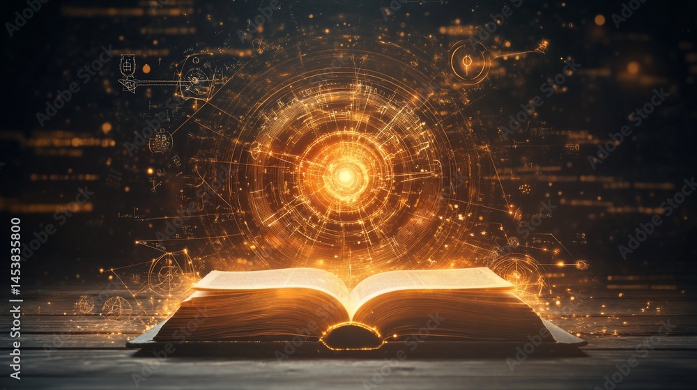 Poster open book emits glowing light with geometric patterns and digital overlay on dark background