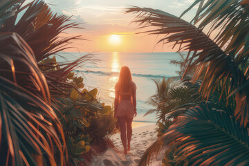 Woman enjoying a tropical sunset at the beach