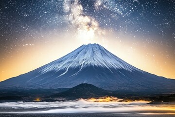 Fototapeta premium Snow-capped mountain under a starry sky, 4K hyperrealistic photo. Beautiful simple AI generated image