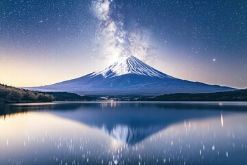 Fototapeta premium Majestic Mount Fuji reflected in a still lake under a star-filled sky.. Beautiful simple AI generated image