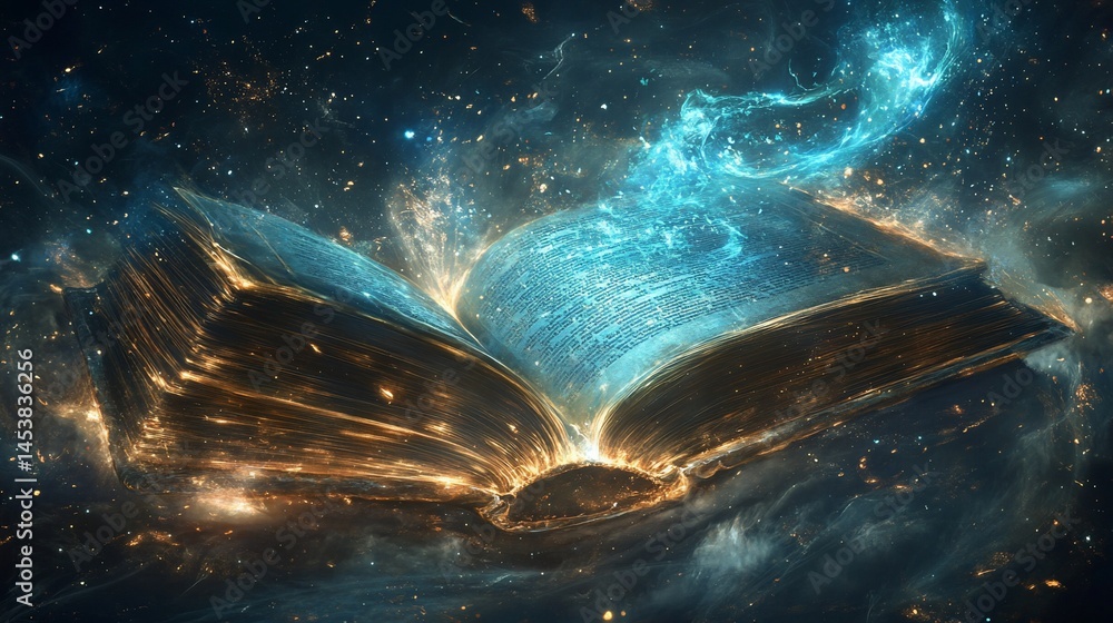 Poster a mystical open book with glowing pages set against a cosmic background of stars and nebulae