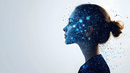 Person profile with digital particle overlay illustrating technology and innovation