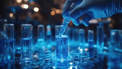 A gloved hand pouring a liquid into a test tube.