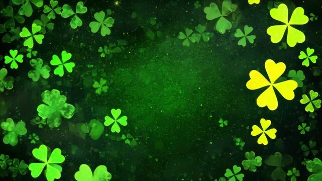 Lucky green clover leaf with glowing yellow accents and lucky nature on dark festive background