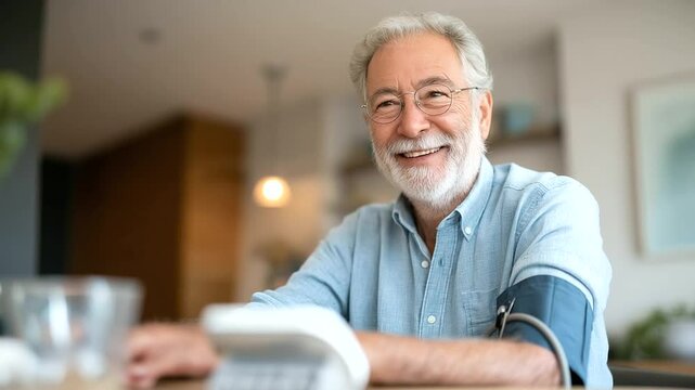 Elderly gentleman monitors his blood pressure in cozy home setting.