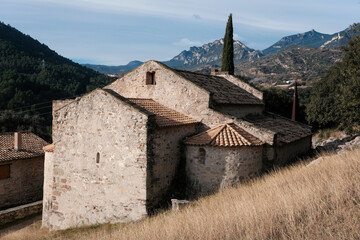 Fototapeta premium Sant Quirze de Pedret catholic church on sunny winter day. Berga, Barcelona, Spain.