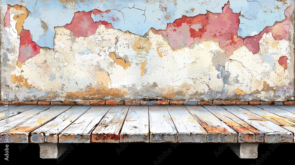 Aufkleber charming vintage bench placed against a wall with coordinated colors and retro elements creating a n