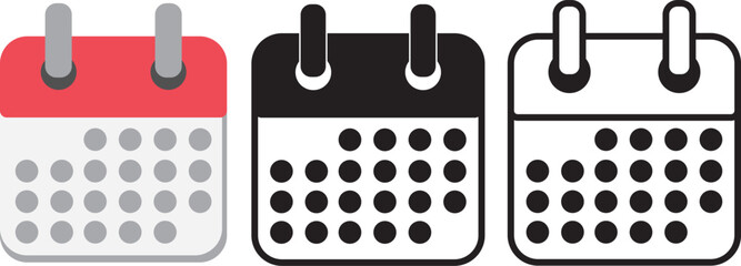 Colorful Calendar Icons set in Solid Black and Outline Style
