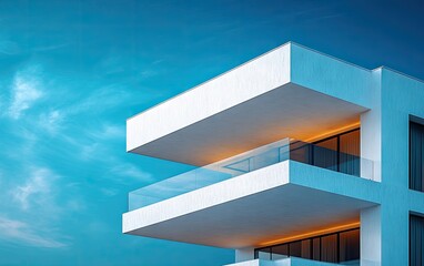 Fototapeta premium Modern apartment building facade against a vibrant sky.