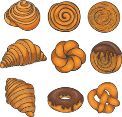 Hand-drawn set of delicious bakery pastries. Collection includes croissants, donuts, pretzels, swirls, and sweet buns with chocolate glaze. Isolated colorful illustrations with vintage sketch style