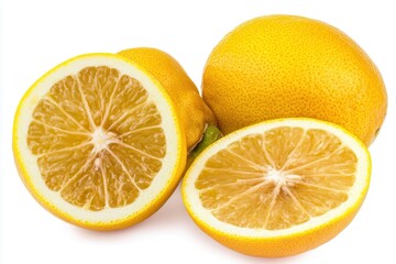 Freshly cut yellow citrus fruit showcasing juicy interior and vibrant skin, ideal for culinary use