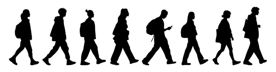 Silhouettes of people walking with backpacks side view. Summer vacation, traveling, hiking concept. Black flat vector illustrations isolated on transparent background