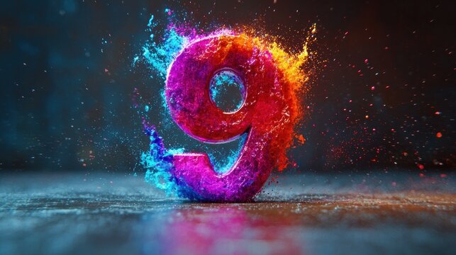 Vibrant number nine explodes in colorful splatter