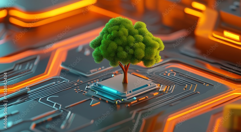 Poster green tree 3d on circuit board with bokeh lights
