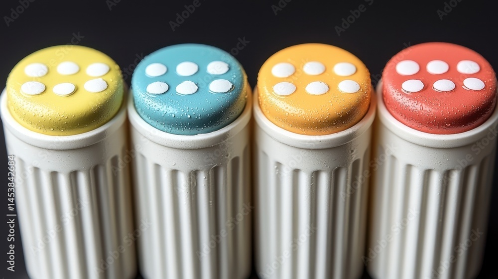 Poster vibrant pop art representation of four different colored teeth set against a bright colorful backgro