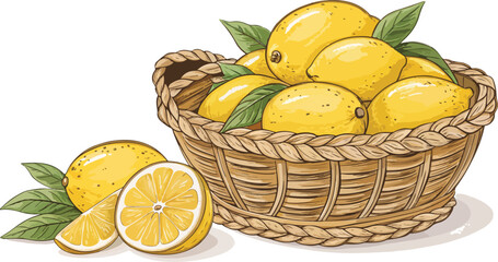 Lemon vector design, Lemons in basket and lemon slice in white background vector design