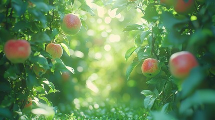 Lush apples growing on a tree in a vibrant orchard with a scenic background of fruit trees and bright colors