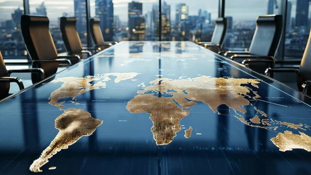 World map displayed on a modern conference table at a corporate meeting room showcasing interactive technology