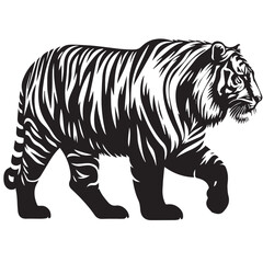 tiger head silhouette  vector illustration, Wild animal tiger silhouette EPS vector isolated illustration template on a white background, Black and white silhouette of a tiger walking with its tail.