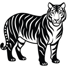 tiger head silhouette  vector illustration, Wild animal tiger silhouette EPS vector isolated illustration template on a white background, Black and white silhouette of a tiger walking with its tail.