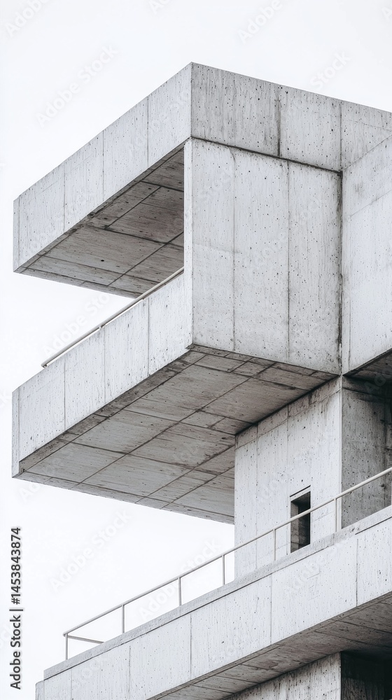 Poster A striking architectural design featuring bold concrete forms with clean lines and a unique angular balcony structure. The stark appearance highlights modern minimalism in an urban landscape