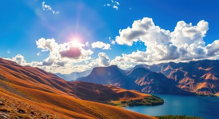 Fototapeta premium Explore scenic mountain range views with lake, blue sky and clouds wallpaper image