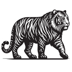 tiger head silhouette  vector illustration, Wild animal tiger silhouette EPS vector isolated illustration template on a white background, Black and white silhouette of a tiger walking with its tail.