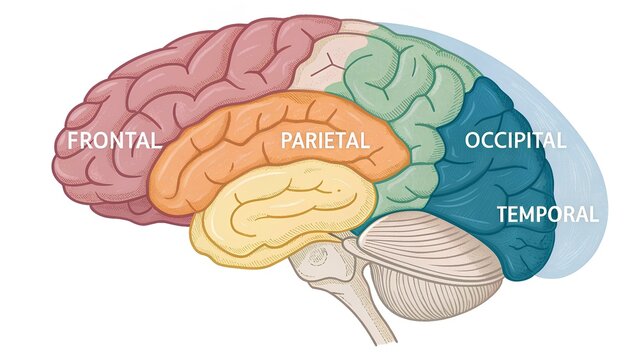 Colorful anatomical illustration of the human brain with labeled lobes – frontal, parietal, occipital, and temporal, for educational use