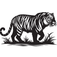tiger head silhouette  vector illustration, Wild animal tiger silhouette EPS vector isolated illustration template on a white background, Black and white silhouette of a tiger walking with its tail.