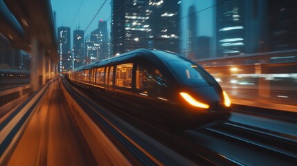 Fototapeta premium Sleek monorail glides through a futuristic cityscape, embodying advanced urban mobility and innovation.