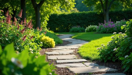 Fototapeta premium Stone pathway winding through manicured garden , pathway, stone