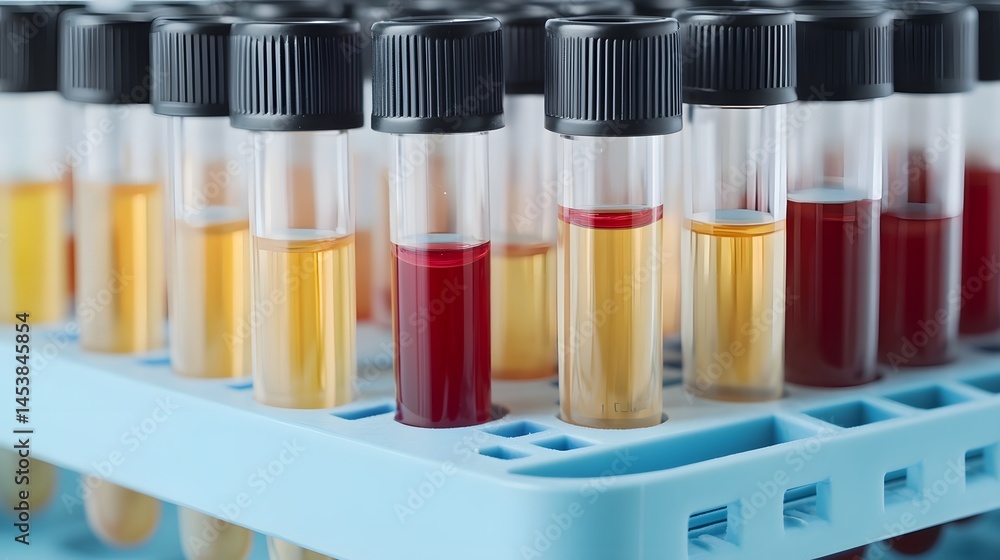 Poster close-up view of various laboratory test tubes filled with liquids.