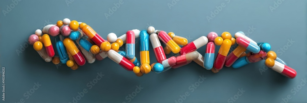 Aufkleber linked pills and capsules create a vibrant dna helix representation on a blue background, symbolizin