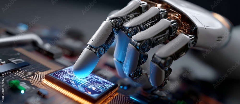 Poster robot hand interacting with digital ai interface showing circuit board patterns, futuristic technolo